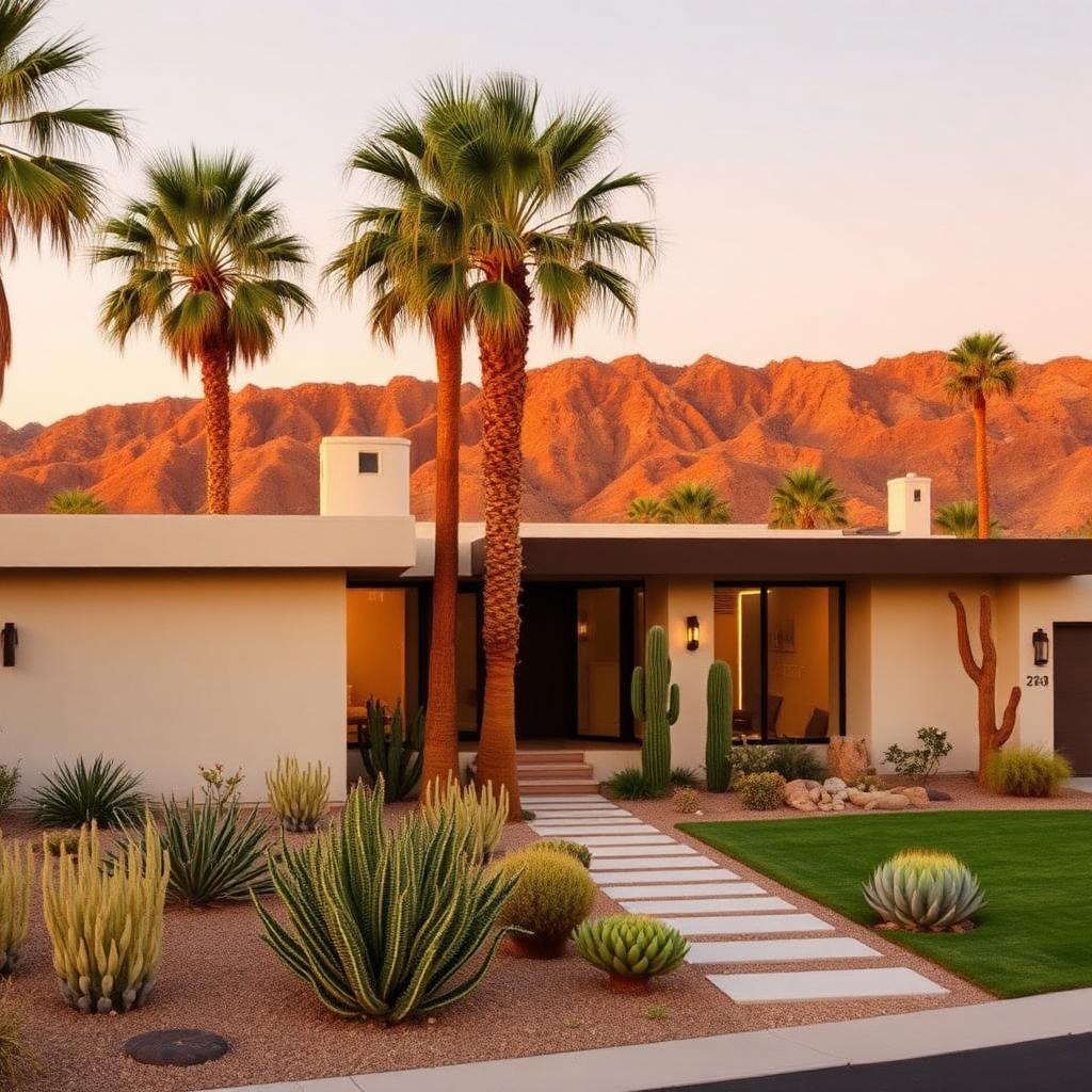 Mid-century modern Palm Springs home exterior at golden hour with mountain backdrop
