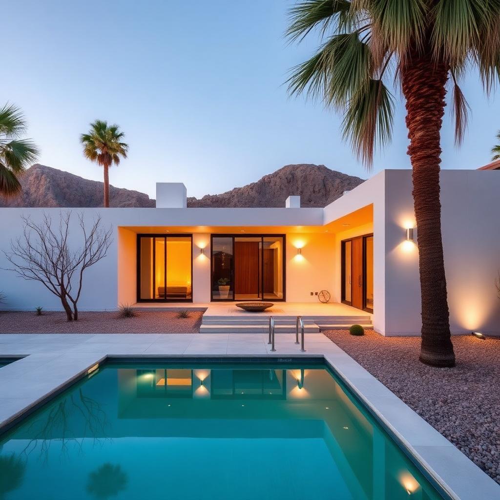 White modern Palm Springs villa with pool and desert landscaping at dusk
