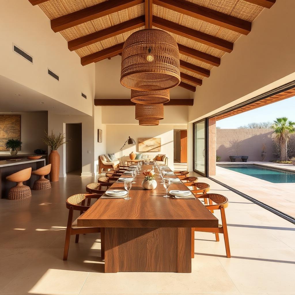 Warm desert modern dining room with woven pendants and long walnut table
