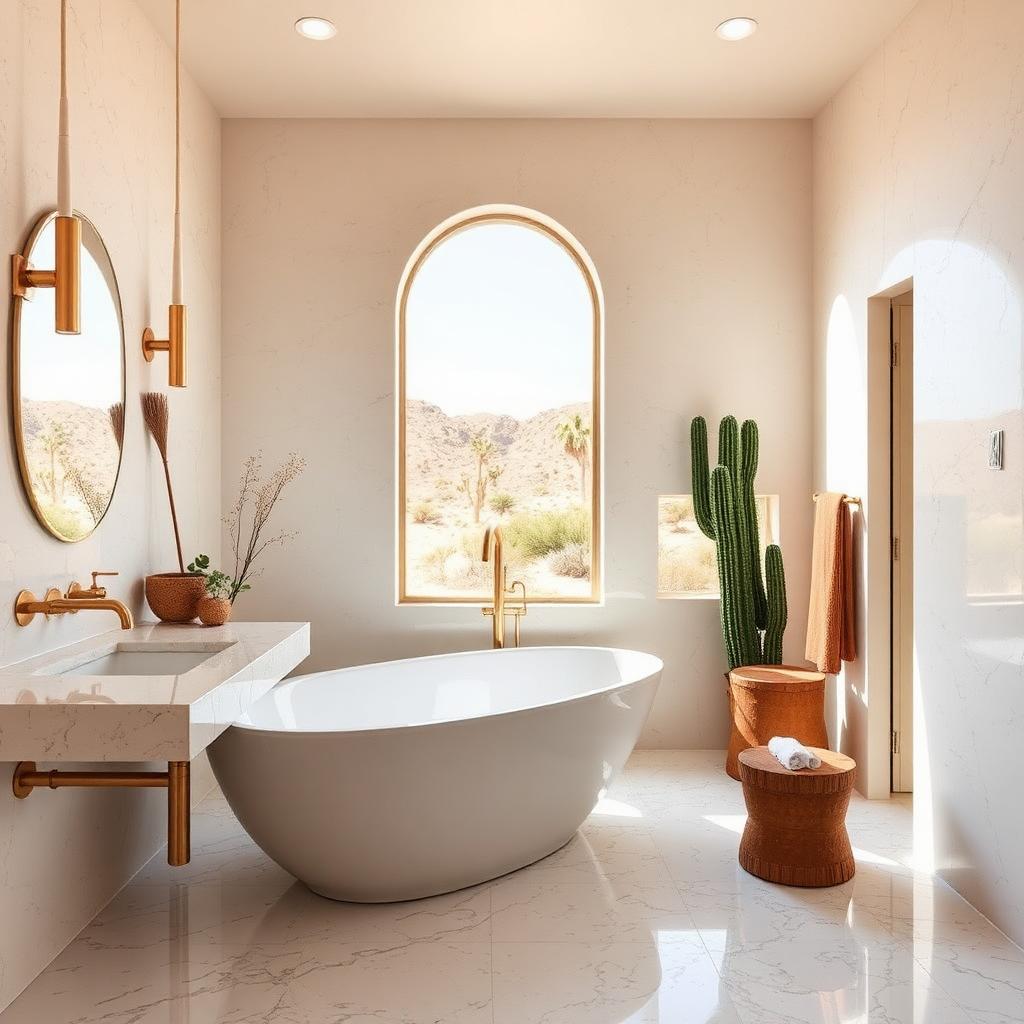 Warm minimalist Palm Springs bathroom with arched window and desert view