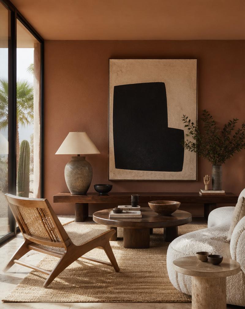 Warm terracotta living room with abstract art and vintage furniture